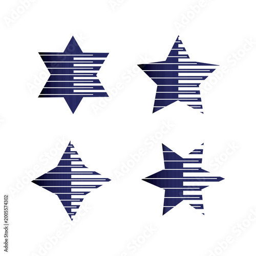 Set of Abstract Four-Pointed Stars with Horizontal Stripes, a Graphic Design Element