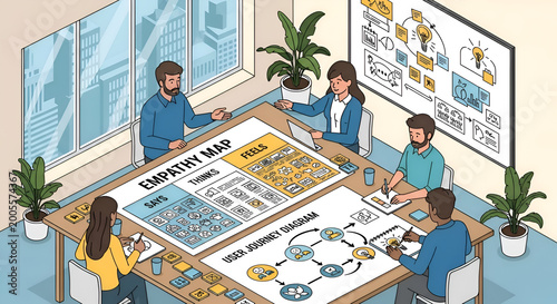 Team Collaborates on Empathy Map and User Journey Diagram in Office Meeting