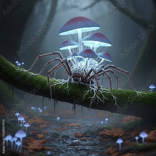 Mystical Forest Spider with Glowing Mushrooms on a Branch.