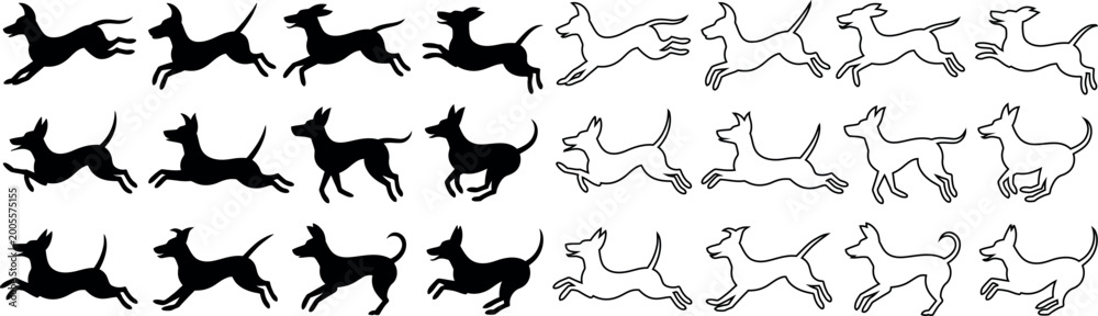 Obraz premium Collection of silhouette and outline illustrations depicting dogs in various running poses