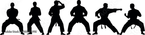 Silhouettes of martial artists performing various karate katas and combat stances
