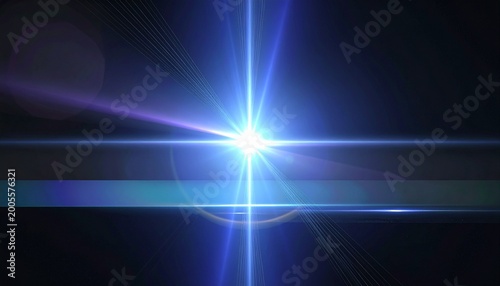 Bright blue cross-shaped lens flare with glowing center and horizontal streaks isolated on black background. Ideal for futuristic graphics, visual effects, and technology themes.