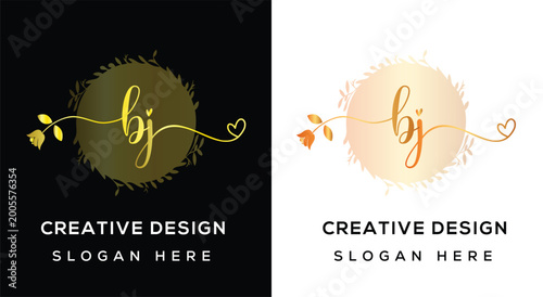 Luxury handwritten initials logo with minimal botanical frame