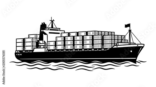 Obraz na płótnie Black and white ship on waves vector illustration