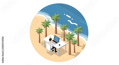 Man Working Remotely At Desk On Tropical Beach With Laptop, Palm Trees and Ocean