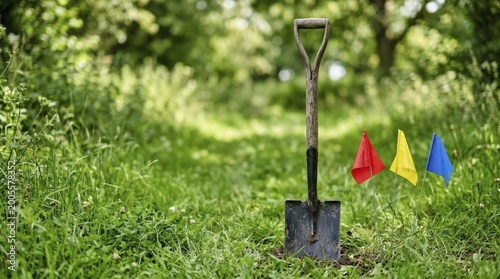 Spade shovel standing in green grass with small colorful utility flags