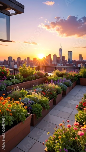 A serene rooftop garden overlooking a city skyline at sunset (1)