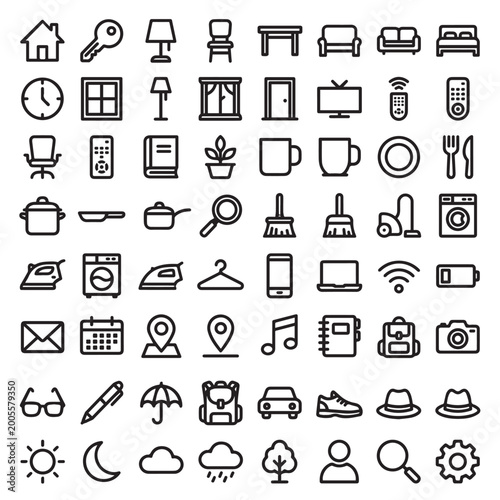 Minimal Outline Icons Collection – Smart Home, UI, Technology & Furniture Vector Icon Pack
