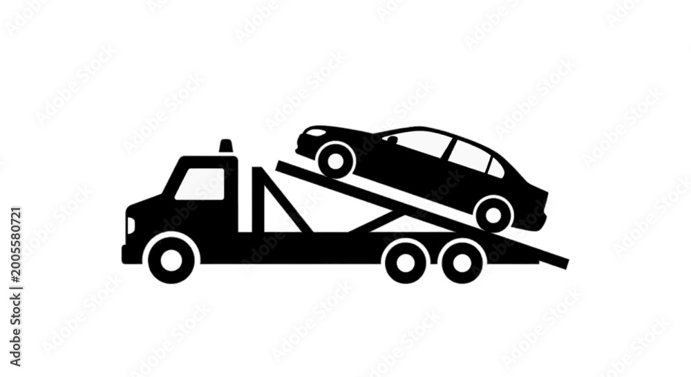 Fototapeta premium Minimal black silhouette icon, simple flat vector, bold black shape, no, no shading flatbed tow truck icon on a, flat icon style