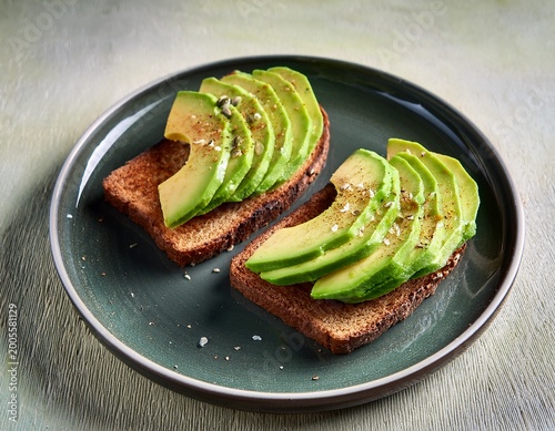 two slices of toasted bread topped with sliced avocado seasoned on a ceramic plate