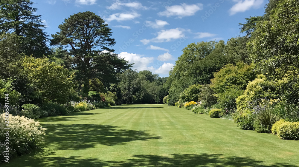 Fototapeta premium Expansive green lawn extending between vibrant garden borders with tall trees under a blue sky