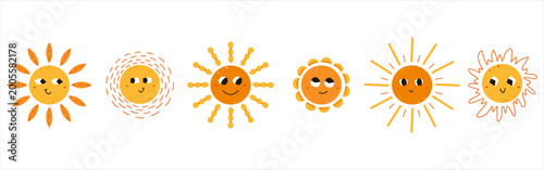 Cute hand-drawn sun characters set with funny faces, yellow and orange cartoon suns collection for kids nursery design, weather icons vector.
