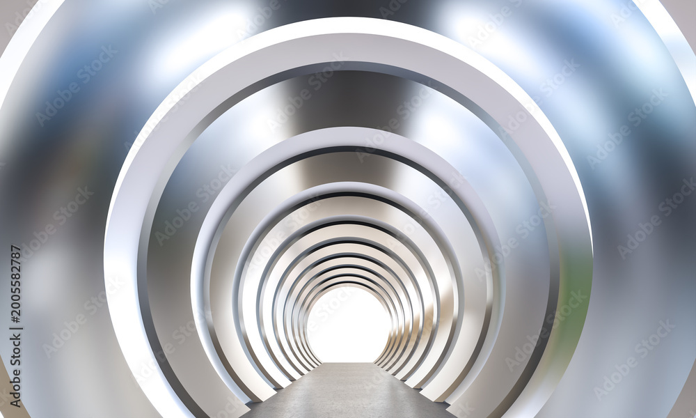 Fototapeta premium Futuristic silver tunnel with glowing light 3d