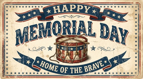 Happy memorial day vintage drum patriotic ribbon design for remembrance