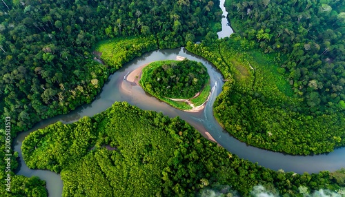 Aerial view of a lush green landscape with a winding river