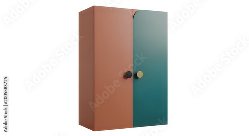 3d cardboard wardrobe with two colored doors and round handles isolated on transparent background