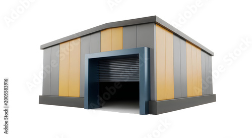 3d industrial warehouse building with large garage door isolated on transparent background