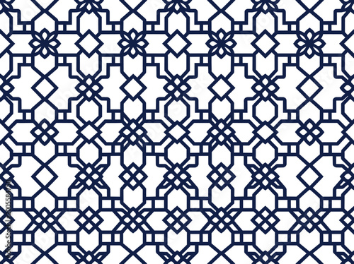 Dark blue geometric islamic pattern on white background