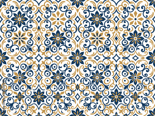 Seamless damask pattern with navy blue and gold floral motifs