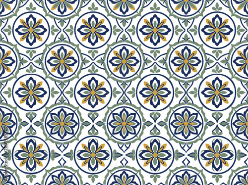Seamless pattern with blue, green, and yellow floral circles on white