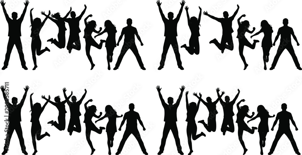 Fototapeta premium Silhouettes of people jumping and dancing, energetic poses, raised arms, celebration concept, lively movement, joyful lifestyle illustration