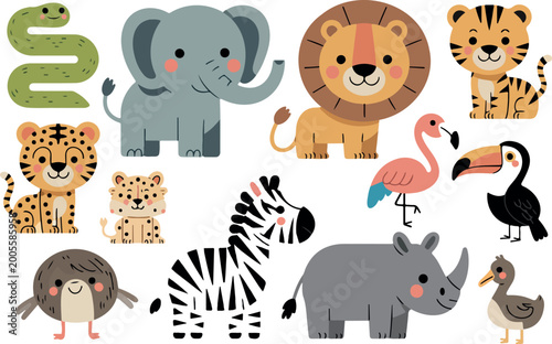 Canvas Print Cute cartoon jungle safari animals set elephant giraffe lion zebra hippo rhino b