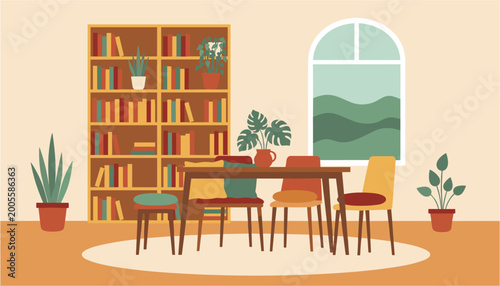 Fotografía Cozy dining area with a wooden table, four chairs, and a bookshelf filled with books and plants, set against a large window with a scenic mountain view, creating a warm and inviting atmosphere