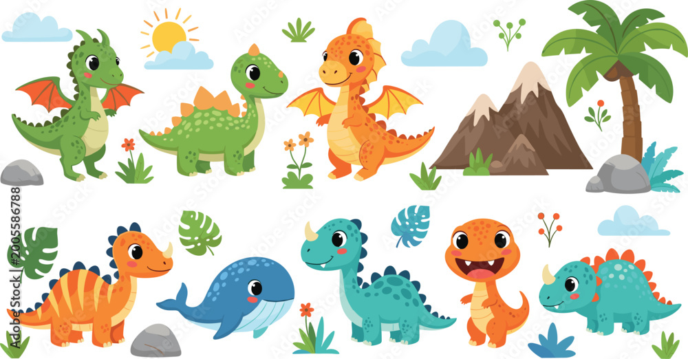 Fototapeta premium PrintCute cartoon dinosaur collection featuring prehistoric creatures and tropical nature elements for children party vector design