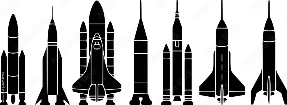 Obraz premium Collection of black silhouettes of various space rockets and space shuttle