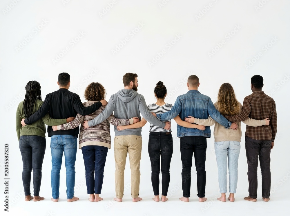 Fototapeta premium Rear view of a diverse group with arms around each other, symbolizing unity and teamwork.