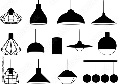 Vászonkép Collection of diverse black silhouette pendant light fixtures white background