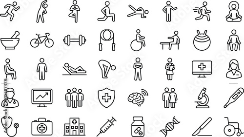 Tableau sur toile Physical therapy and rehabilitation line icon set with exercise medical recovery