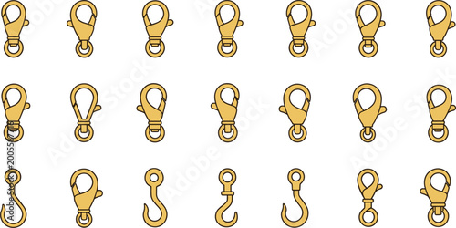 Obraz na plátne Flat gold lobster clasp and hook icon set with lanyard accessories isolated on w