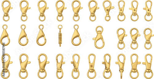 Bild auf Leinwand Gold lobster clasp and hook lanyard accessories vector 3D illustration isolated