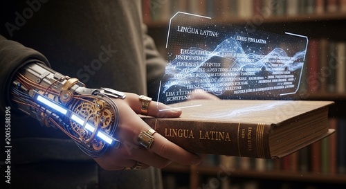 Robotic Arm Holding Latin Book with Digital Holographic Interface