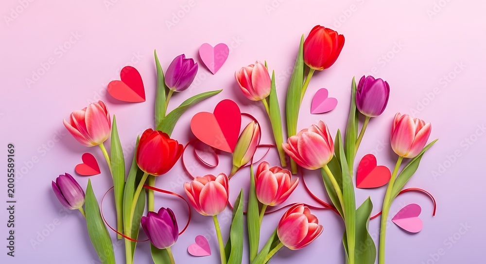 Fototapeta premium Beautiful colorful tulips and paper hearts on a soft pink background