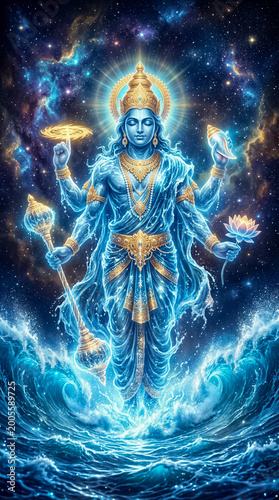 Lord Vishnu standing majestically over the cosmic ocean while holding his sacred attributes