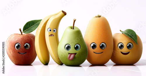a playful and colorful illustration of cartoon fruits. distinct facial expressions, white background