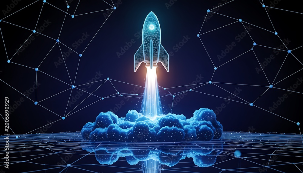 Fototapeta premium Futuristic rocket launch into a digital network a symbol of innovation and space exploration