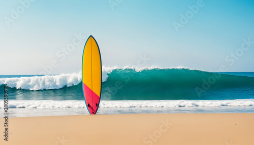 a vibrant surfboard standing on a sandy beach