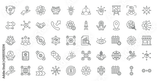 Business Model icon set. Solution, productivity, employee, innovation, third party, skill development, strategy, focus group, customer-centric, research and more. Outline vector icons collection