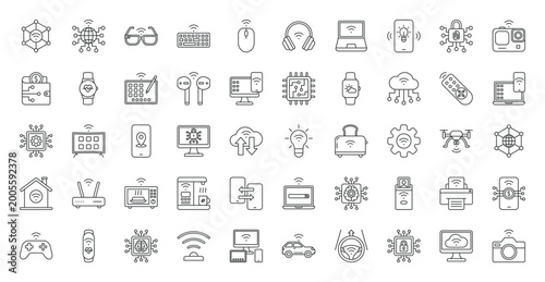 IoT icon set. Internet of things, internet, artificial intelligence, machine learning, cloud computing, cybersecurity, encryption, digital transformation and more. Outline vector icons collection