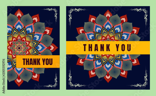 Thank you greeting card with mandala colorful design. 