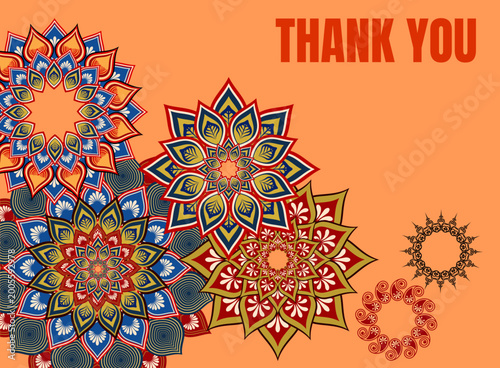 Thank you greeting card with mandala colorful design. 