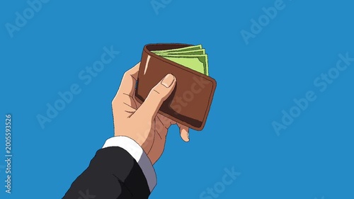 An anime-style hand holding a brown wallet filled with banknotes. This illustration is suitable for business, finance, investment, and financial education content.