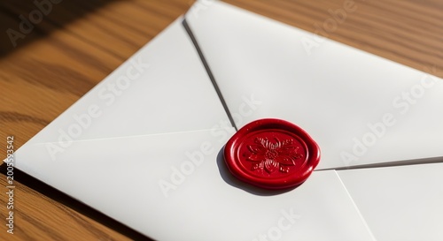 White envelope with red wax seal on wooden surface