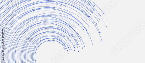 Blue arc line bundle with dot-tipped endings fanning outward from the lower left corner on a light gray background, minimal generative vector network illustration.