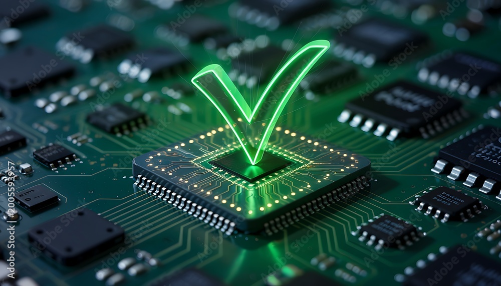 Obraz premium Digital security confirmation a glowing checkmark on a circuit board represents system validation and data integrity