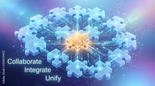 Jigsaw puzzle assembly forming a central radiant core illustrates the dynamic fusion of disparate technological elements into one singular and harmonious corporate software platform.