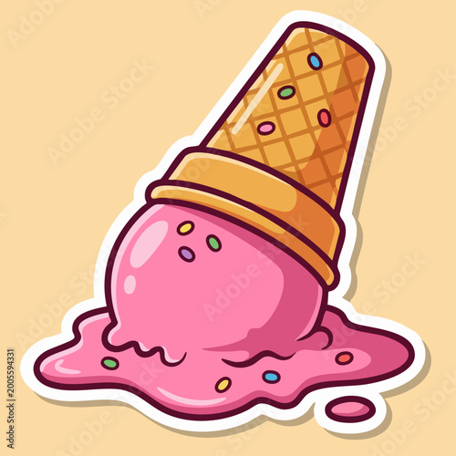Dropped pink ice cream cone melting on ground cartoon illustration. Melting strawberry ice cream scoop with sprinkles and waffle cone. Sad summer moment melted gelato sticker, mistake concept